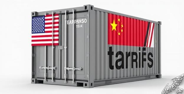 Imagen de un contenedor de carga con aranceles y banderas de EEUU y China
