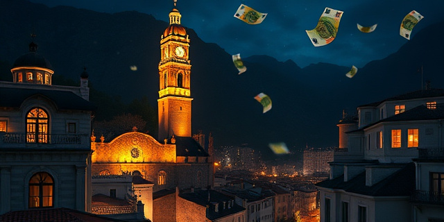 Un paisaje urbano de Andorra por la noche, con rascacielos bancarios iluminados, billetes de euro flotando en el aire y sombras que sugieren transacciones clandestinas; la escena está envuelta en una atmósfera de misterio y opulencia sin rostros humanos.