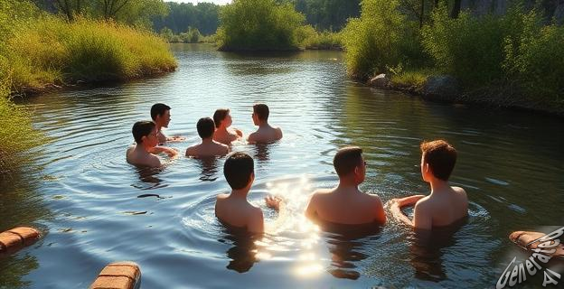 Un grupo de personas disfrutando del baño en una zona natural del río Bullaque, rodeadas de vegetación y con el sol de verano reflejado en el agua.