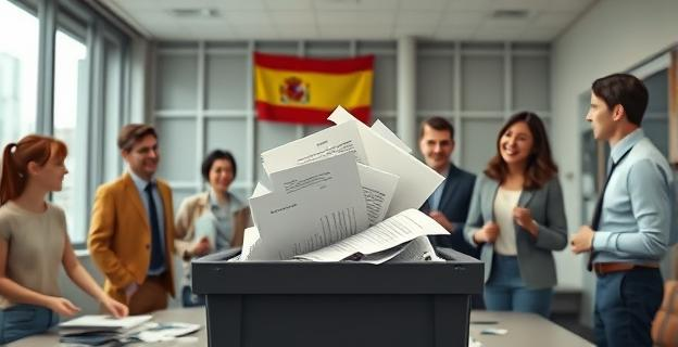 Una escena en una oficina municipal donde se ven documentos siendo destruidos en una trituradora de papel, con personas alrededor riendo y comentando algo. Al fondo, un edificio institucional con bandera española.