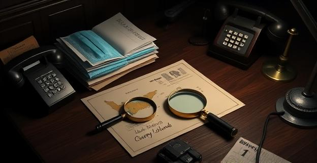 Una mesa de madera oscura, con documentos apilados desordenadamente y un teléfono antiguo. Sobre los documentos, unas mascarillas quirúrgicas de color azul y un sobre de dinero en efectivo. Una lupa de detective descansa sobre un mapa de las Islas Canarias. Luz tenue de una lámpara de escritorio. Estilo realista, con un toque de misterio.