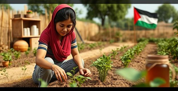 Imagen de una mujer palestina en una zona rural cultivando semillas en un huerto, con productos como jabones y miel al fondo, y una bandera palestina ondeando en la distancia.