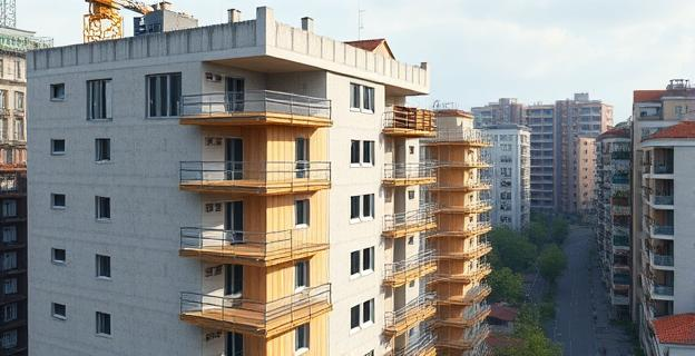 Edificio residencial urbano con estructura de hormigón siendo ampliado en altura con módulos prefabricados de madera y pladur, mostrando andamios y maquinaria de construcción ligera en un entorno de ciudad europea densamente poblada