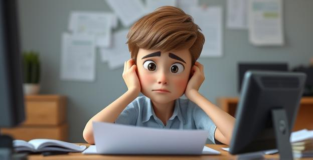 Imagen de una persona joven sentada en un escritorio con expresión de confusión, rodeada de papeles y dispositivos electrónicos, reflejando dificultades de concentración y memoria.