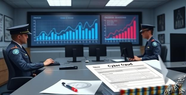 Una comisaría de policía con funcionarios tramitando denuncias mientras un formulario de estafa cibernética es visible en una mesa, con un fondo que muestra gráficos de estadísticas a la baja