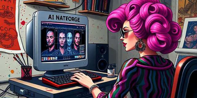 Una ilustración satírica de estilo editorial. Una diva del pop glamurosa y extravagante mirando con desdén una pantalla de ordenador que genera imágenes pixeladas y genéricas. El fondo es una mezcla de un estudio de arte clásico con manchas de pintura y cables de fibra óptica modernos, creando un contraste entre la creatividad humana caótica y la perfección fría de la tecnología.