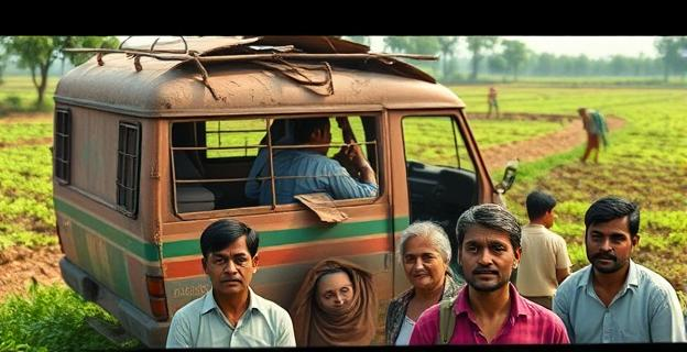 Imagen de una furgoneta deteriorada transportando personas en un entorno rural. Al fondo, una finca agrícola con trabajadores en el campo. En el primer plano, un grupo de personas de origen nepalí en situación de vulnerabilidad.