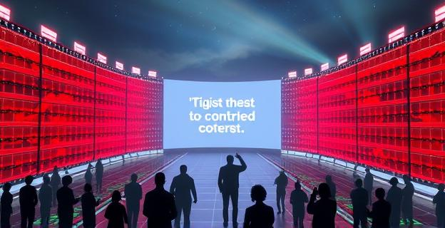 Una gran muralla digital rodea un país, bloqueando accesos a Internet global y mostrando solo contenido censurado y controlado. En el centro, una pantalla gigante muestra mensajes de optimismo mientras sombras de personas intentan acceder a contenido bloqueado.