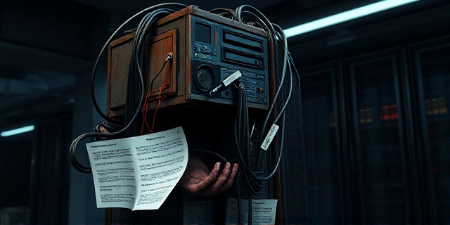 Una ilustración satírica de un servidor de computadora antiguo y oxidado que ha sido reanimado como un zombi, con cables que parecen suturas quirúrgicas. El servidor está escupiendo hojas de papel digitales llenas de código binario y texto borroso. Fondo oscuro con luces de neón tenues que sugieren un centro de datos abandonado, estilo arte conceptual cínico y moderno.