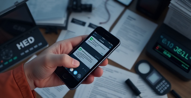 Una escena que muestra a una persona eliminando mensajes de un teléfono móvil, con un fondo de documentos y dispositivos electrónicos relacionados con una investigación judicial.