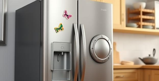 Una nevera moderna con imanes en la puerta y una placa de hierro en la cocina