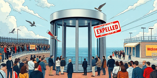 Una ilustración conceptual y satírica que muestra una puerta giratoria gigante en una frontera costera. De un lado, personas entrando en masa; del otro, un sello oficial de 