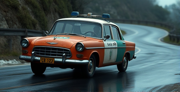 Un coche policial viejo y oxidado, con un agente de la Guardia Civil al volante, patrullando por una carretera serpenteada y lluviosa.