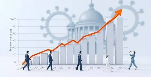 Una representación visual de un gráfico que muestra el aumento en los contratos a dedo, con un fondo que sugiere la complejidad de la contratación pública y figuras abstractas que representan las empresas y la administración pública.