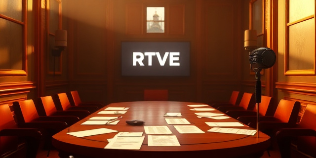 Una sala de Senado iluminada por luces cálidas, con una mesa de investigación de madera oscura, sobre la cual descansan papeles desordenados y una pantalla que muestra la palabra RTVE en letras estilizadas. En el fondo, una gran ventana con vistas a la ciudad y un micrófono vintage, todo envuelto en sombras que sugieren tensión y debate.