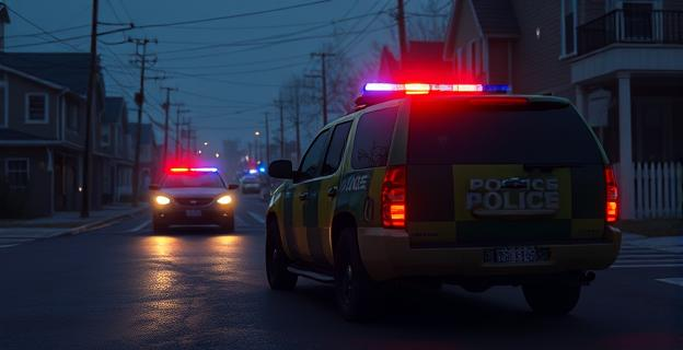 Imagen de un vehículo policial camuflado interceptando a otro vehículo en una calle oscura de un pueblo pequeño, con luces de fondo que sugieren un ambiente nocturno tenso