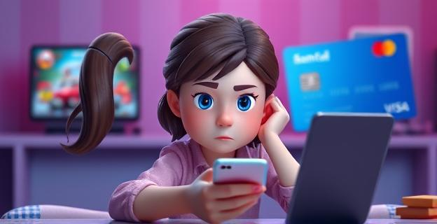 Imagen de una niña sentada frente a una pantalla de móvil con juegos en línea y una tarjeta bancaria en el fondo, con una expresión de preocupación
