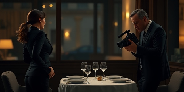 Una escena en un restaurante de Madrid: una mujer vestida con un elegante traje negro intenta salir mientras un periodista de traje oscuro sostiene una cámara y una conversación telefónica. La atmósfera es tensa, con la iluminación tenue y una mesa con platos y copas. La mujer se muestra determinada, pero el periodista parece implacable, con la mano en la espalda de la mujer y la cámara apuntando hacia ella. No se muestran rostros claros, enfocándose en la postura y el ambiente de confrontación.