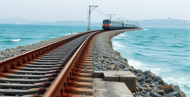 Imagen de una vía de tren corroída y oxidada junto al mar, con un tren pasando a lo lejos. El mar está embravecido y se ven olas rompiendo contra la costa. Al fondo, se aprecia la silueta de una ciudad costera.