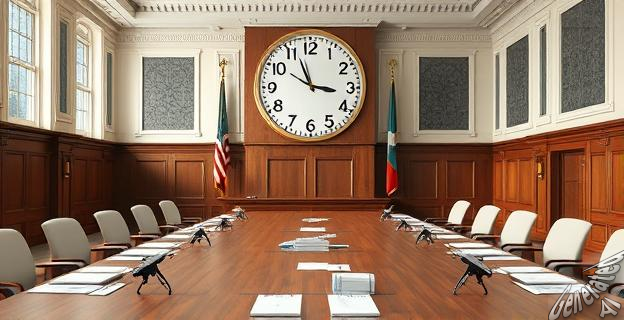 Un edificio gubernamental con una gran mesa de reuniones vacía, rodeada de papeles y documentos de presupuesto, con un gran reloj en la pared marcando la fecha de 30 de septiembre.