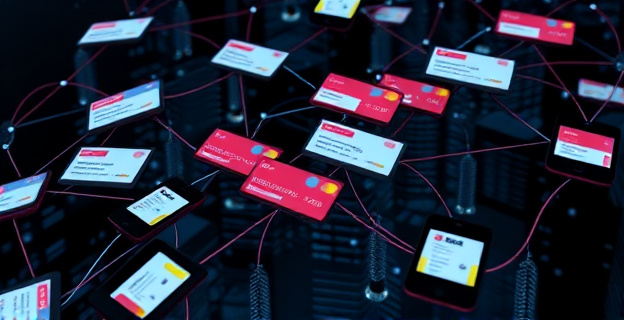 Imagen de una red de conexiones digitales fraudulentas con SMS y páginas web falsas, mostrando dispositivos móviles y tarjetas bancarias intervenidas, en un entorno oscuro y tecnológico.