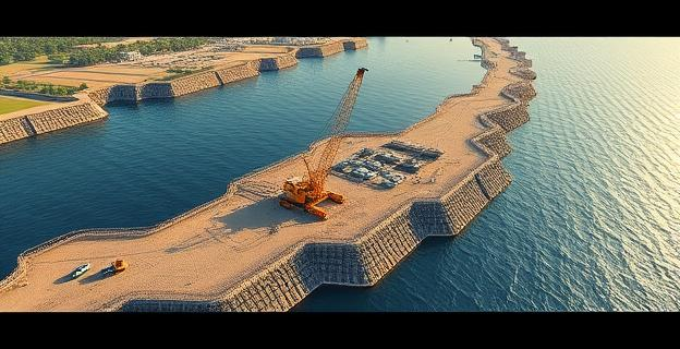 Imagen de una obra de construcción en una zona costera con defensa marítima