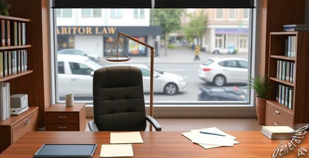 Oficina de un abogado laboralista con documentos legales sobre el escritorio, una silla vacía frente a la mesa y una ventana al fondo con vista a una calle concurrida