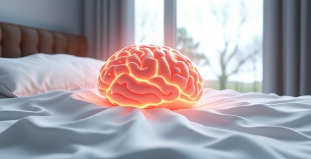 Una imagen de un cerebro radiante y joven descansando sobre una cama con sábanas blancas y suaves, rodeado de un aura de calma y serenidad. El cerebro brilla con una luz suave y cálida, simbolizando la salud y la vitalidad. Al fondo, una ventana muestra un paisaje natural sereno, con árboles y un cielo despejado, representando la tranquilidad y el descanso.