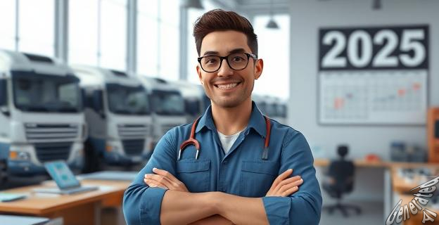 Imagen de un transportista autónomo con una flota de camiones al fondo, en un entorno de oficina con papeles y un calendario en la pared mostrando el año 2025.
