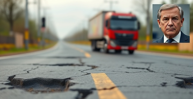 Una carretera en mal estado con grietas y baches, con un camión circulando por ella, y al fondo una imagen borrosa de un político con gesto de indiferencia.
