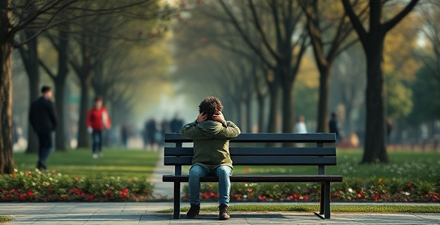 Una persona sentada sola en un banco de un parque concurrido, con expresión de ansiedad y pensamientos intrusivos representados como sombras alrededor