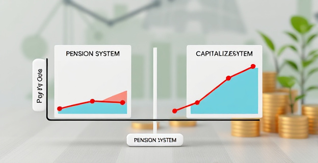 Imagen conceptual de un gráfico comparativo entre un sistema de pensiones de reparto y otro de capitalización, con un fondo que sugiere estabilidad financiera y sostenibilidad.