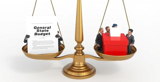 Imagen de una balanza con un lado con una hoja de papel representando los Presupuestos Generales del Estado y el otro lado con una urna de votaciones y varios políticos alrededor