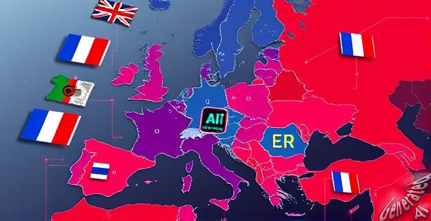 Ilustración de un mapa de Europa con chips de computadora y robots de inteligencia artificial en el centro, rodeados de banderas europeas.