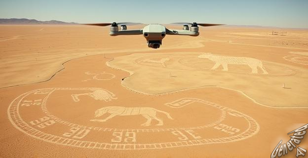 Un dron sobrevuela las Líneas de Nazca mostrando geoglifos de animales y herramientas en el desierto