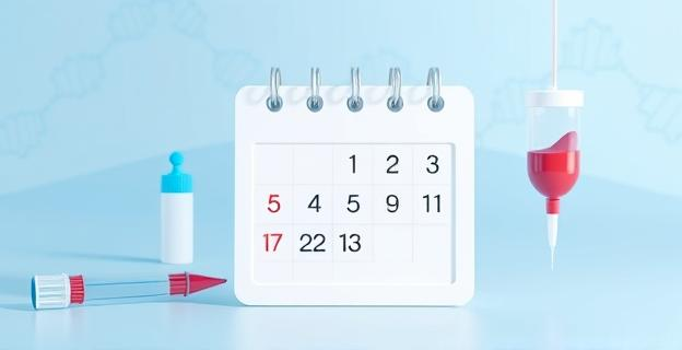 Una composición abstracta mostrando un calendario marcado con cuatro meses de antelación, junto a siluetas estilizadas de objetos médicos como una aguja y una bolsa de sangre. La paleta de colores es limpia, con tonos azules y blancos predominantes, evocando un ambiente clínico y seguro. Hay una integración sutil de patrones de ADN o células sanguíneas en el fondo, simbolizando la biología y la donación. Sin elementos figurativos de personas, se centra en la idea de un proceso y un tiempo de espera.