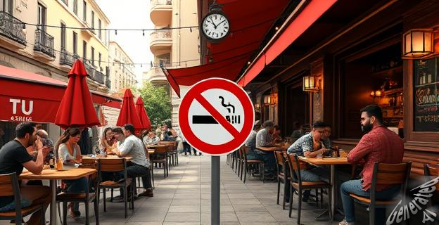 Una terraza de un bar en una ciudad española con gente fumando y otras personas sentadas en mesas, con un letrero en el centro que dice 