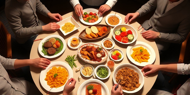 Una mesa llena de comida, con personas sentadas alrededor, con las manos visibles y la postura correcta