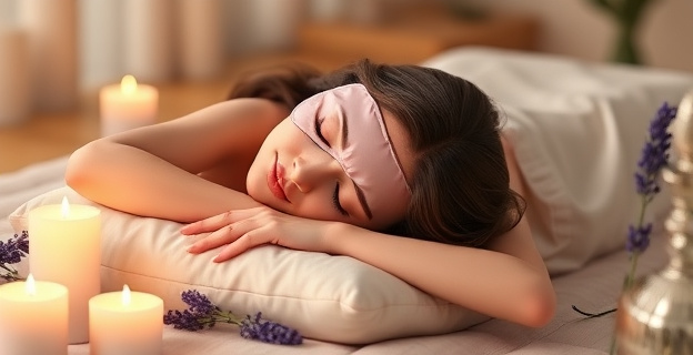 Una imagen serena de una mujer durmiendo boca arriba sobre una almohada de seda, con un antifaz y rodeada de velas y flores de lavanda, representando un ambiente relajante y de sueño reparador.