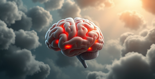 Una imagen de un cerebro humano con circuitos neuronales resaltados, rodeado de nubes oscuras que representan la negatividad y la queja, con un rayo de luz que simboliza la regulación emocional y la reflexión