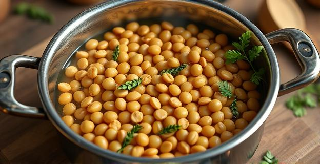 Una olla con lentejas cocinándose con especias y hierbas aromáticas