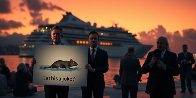 
  Una escena surrealista en un muelle canario al atardecer. Al fondo, el crucero Hondius iluminado como un escenario de teatro, con siluetas de pasajeros mirando hacia la orilla. En primer plano, un político con traje elegante sostiene un cartel gigante con la imagen de una rata nadando y el texto «¿Esto es serio?» en letras rojas. A su lado, otro personaje —con cara de póker— sujeta un altavoz que emite el sonido de olas y risas nerviosas. El cielo está teñido de naranja oscuro, con nubes que parecen humo de fuego artificial político. Estilo: fotografía de prensa exagerada mezclada con arte conceptual.