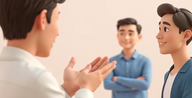 Una imagen que muestra un primer plano de una persona hablando con gestos naturales y otra persona observando atentamente su lenguaje corporal, con un fondo neutro que resalta la interacción entre ambas figuras.