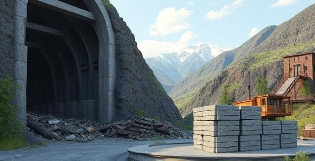 Una mina subterránea con escombros y maquinaria pesada en el exterior, rodeada de montañas y vegetación en un paisaje industrial minero
