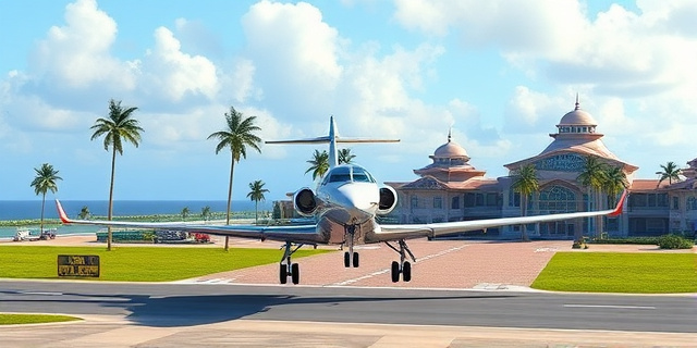 Una aeronave Falcon aterriza en un aeropuerto caribeño, con palmeras y edificios de lujo en el fondo
