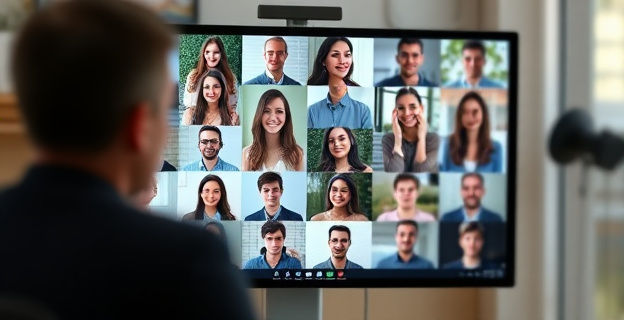 Una imagen que muestra una pantalla de ordenador con varias fotos de personas, algunas reales y otras generadas por IA, con un efecto de desenfoque en algunas áreas para representar la confusión entre lo real y lo falso.