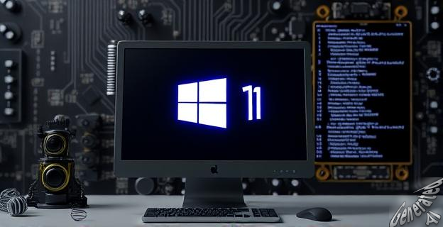 Una imagen de un ordenador con una pantalla que muestra el logotipo de Windows 11, rodeado de herramientas de desarrollo y líneas de código, con una tarjeta de circuito impreso al fondo.