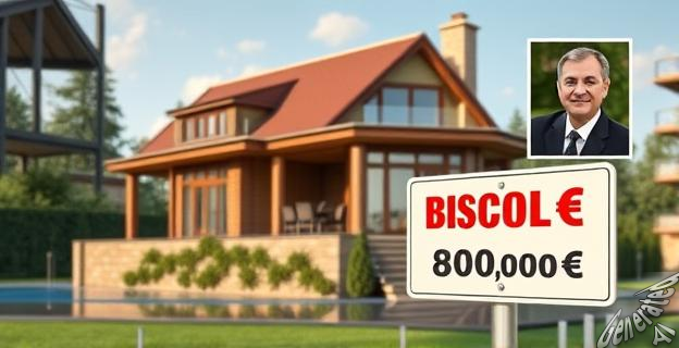 Imagen de un chalet de lujo en Aravaca, Madrid, con un letrero de venta por 800.000 euros, y al fondo, una foto de José Luis Rodríguez Zapatero.