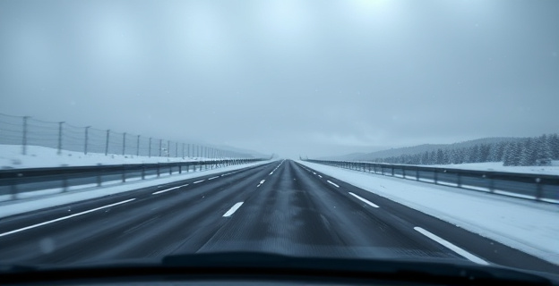 Una autopista invernal, vistas desde un coche, con finas líneas blancas brillantes extendiéndose por el asfalto oscuro. El cielo es gris, nublado, y se ven diminutos copos de nieve cayendo. El ambiente es frío, pero con una sutil sensación de seguridad y preparación. Las líneas forman patrones que sugieren protección, casi como una red invisible sobre la carretera, sin vehículos cercanos, solo el camino y la promesa del invierno.