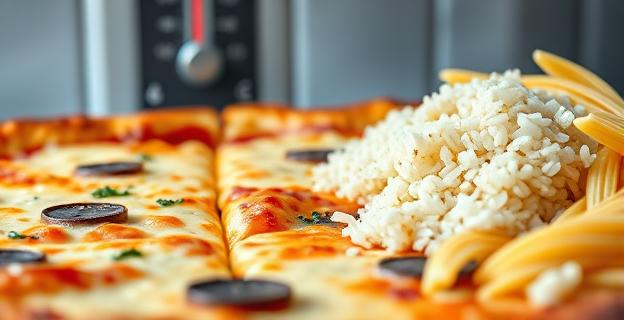 Una vista macro de un plato de pizza cortado en porciones, donde una de ellas está ligeramente dorada por el recalentamiento. Junto a ella, granos de arroz cocido y pasta, con un efecto de vapor sutil. El fondo sugiere un ambiente de cocina limpia con un termómetro marcando 4 °C. Los alimentos tienen una textura densa y ligeramente cristalina, indicando la formación de almidón resistente. Los colores son cálidos y apetitosos, con una iluminación suave que realza los detalles.